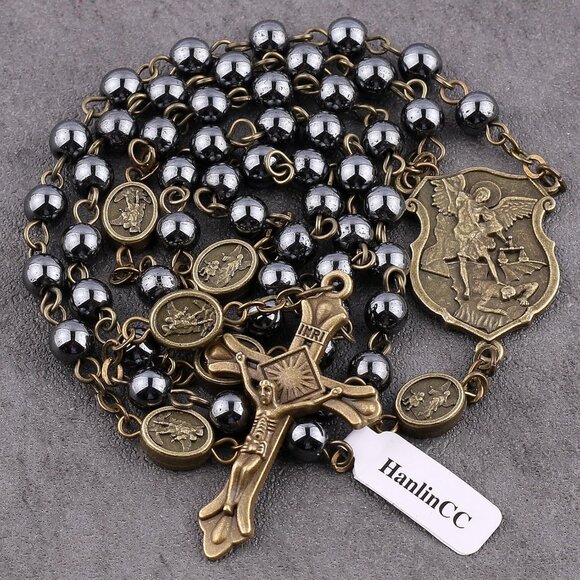 Saint Michael Hematite Black Beads Catholic Rosary Necklace with Gold Plated Met - Picture 8 of 9